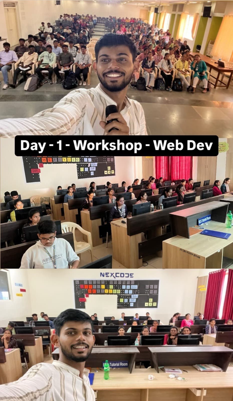 Day one of a hands on web development workshop by Akash Jadhav, with a full college auditorium and computer lab batch